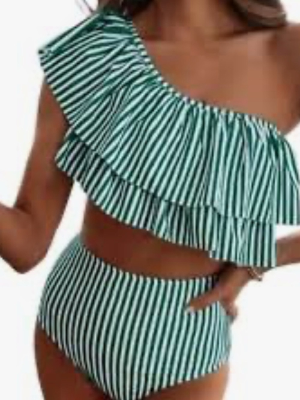 New-Medium One-Shoulder Teal Green Stripe High-Waist full coverage Ruffle Bikini